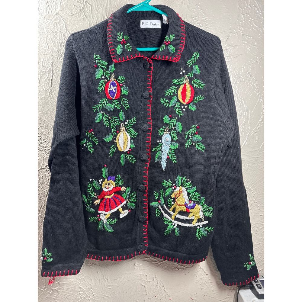 BP Design Ornaments Christmas‎ Beaded Embroidered Knit Cardigan Sweater SZ Large